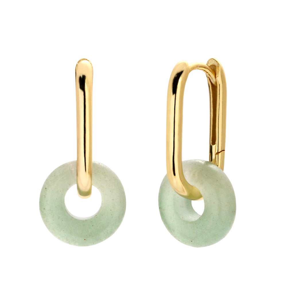 Elegant Natural Green Aventurine Ping Buckle 925 Sterling Silver Hoop Earrings
