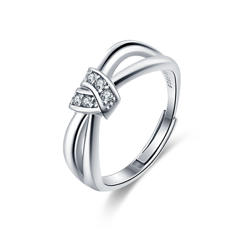 Fashion Double Layer Cross CZ Knot 925 Sterling Silver Adjustable Ring
