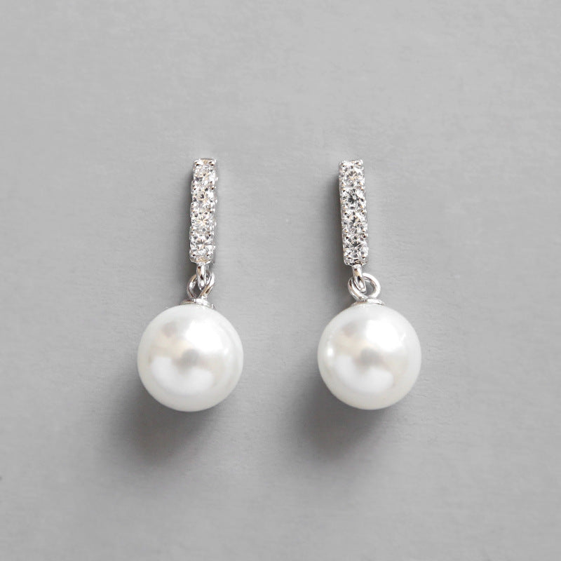 S925 pure silver simple micro inlaid diamond vertical diamond pearl women's earrings earrings student silver jewelry