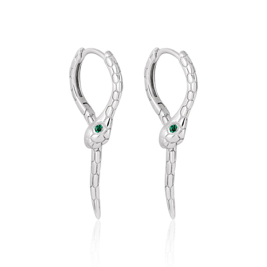 Modern Animal Gree CZ Eye Snake 925 Sterling Silver Leverback Dangling Earrings