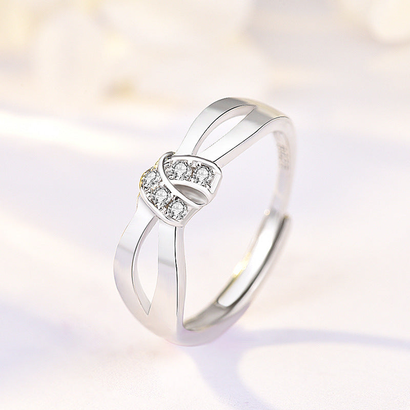 Fashion Double Layer Cross CZ Knot 925 Sterling Silver Adjustable Ring