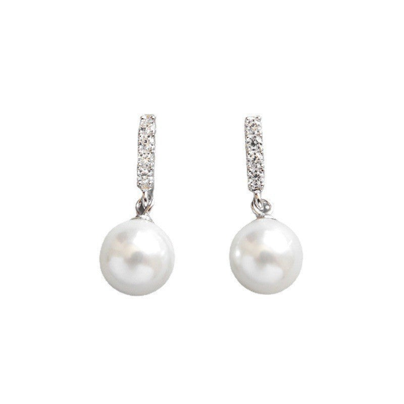 S925 pure silver simple micro inlaid diamond vertical diamond pearl women's earrings earrings student silver jewelry
