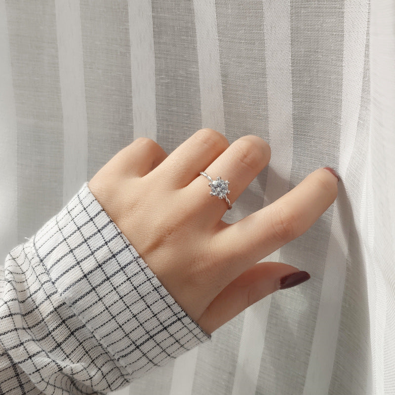 Fashion Six Claw CZ 925 Sterling Silver Adjustable Ring