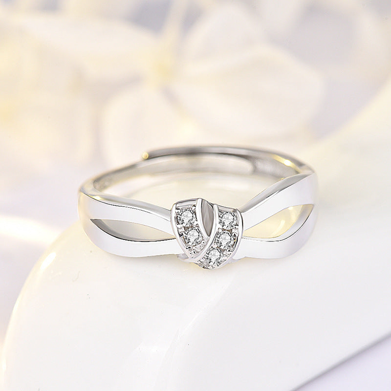 Fashion Double Layer Cross CZ Knot 925 Sterling Silver Adjustable Ring